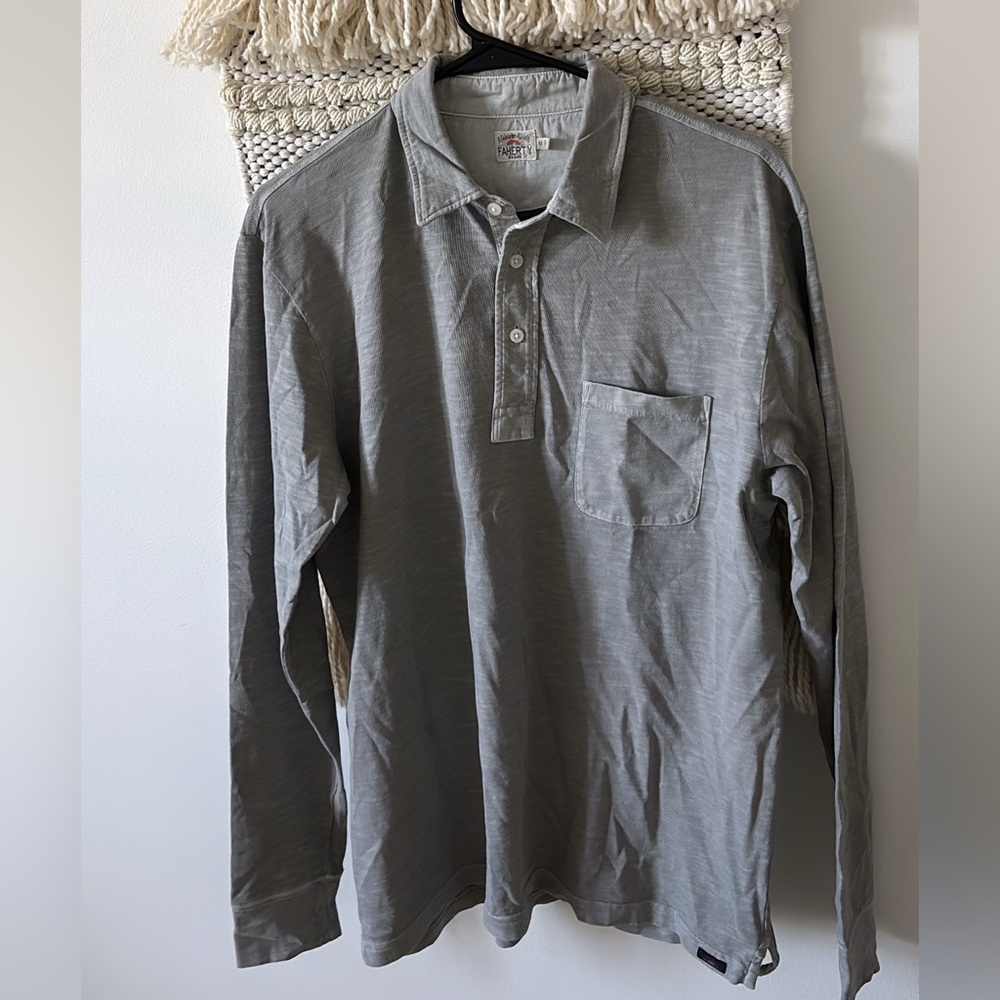 Faherty Mens Medium Luxe Cotton Long Sleeve Polo Collared Shirt